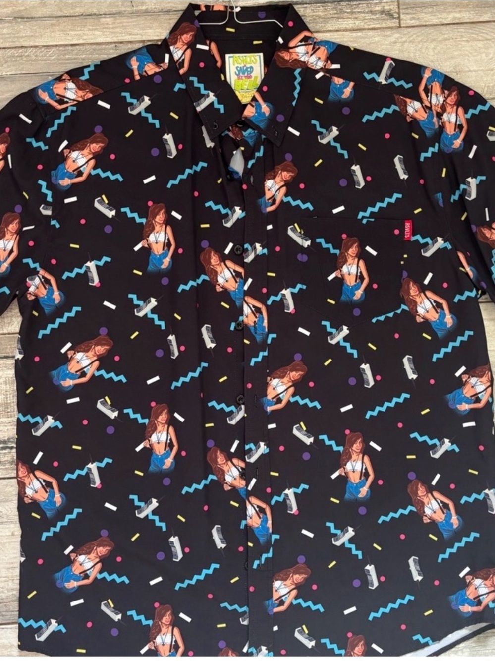 Men's Saved By The Bell RSVLTS Black Patterned Button-Up Shirt with Retro Print
